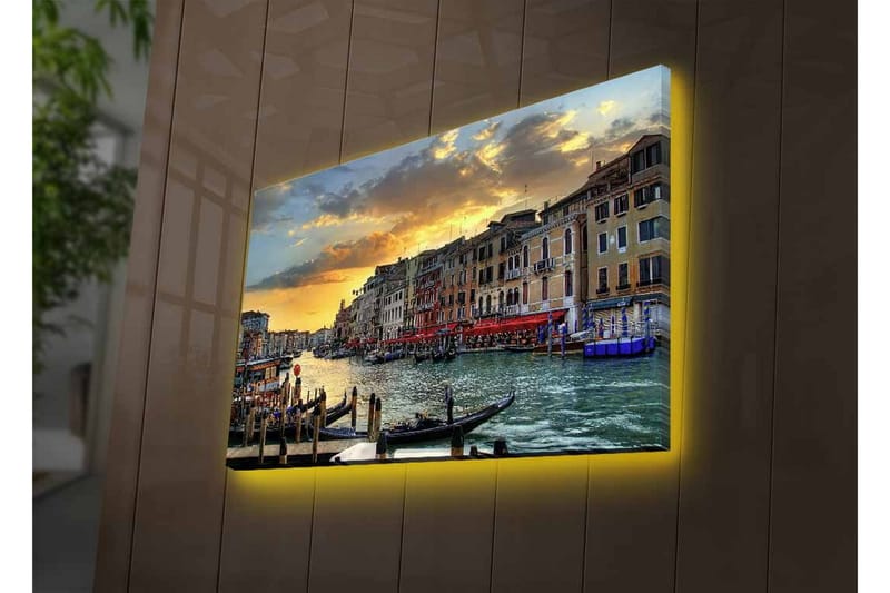 Lerretsbilde med LED-belysning - Vakker utsikt over en venetiansk kanal ved solnedgang - Blå / Oransje / Beige - Innredning - Bilder & kunst - Lerretsbilder