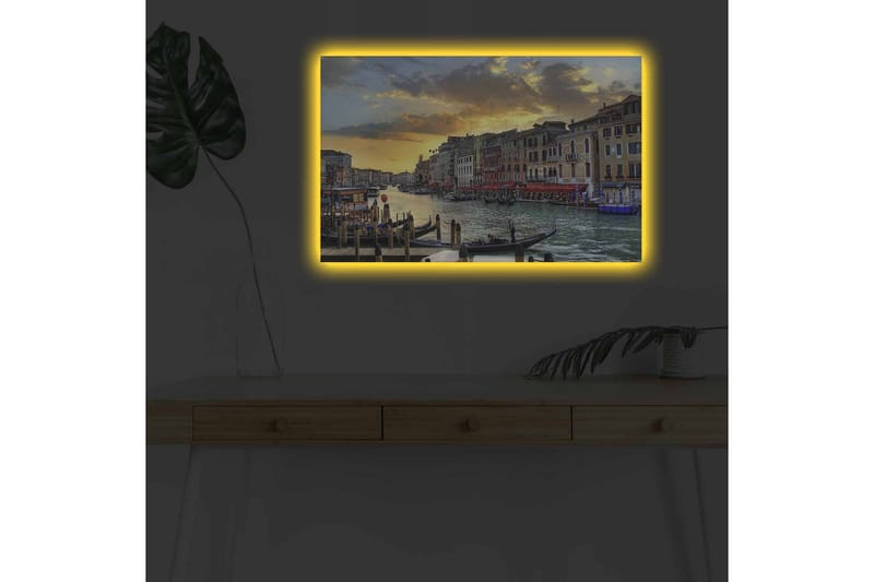 Lerretsbilde med LED-belysning - Vakker utsikt over en venetiansk kanal ved solnedgang - Blå / Oransje / Beige - Innredning - Bilder & kunst - Lerretsbilder