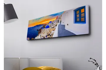 Lerretsbilde med LED-belysning - Vakker utsikt over hvite hus med blå kupler mot havet og en fargerik solnedgang - Blå / Hvit / Oransje - Innredning - Bilder & kunst - Lerretsbilder