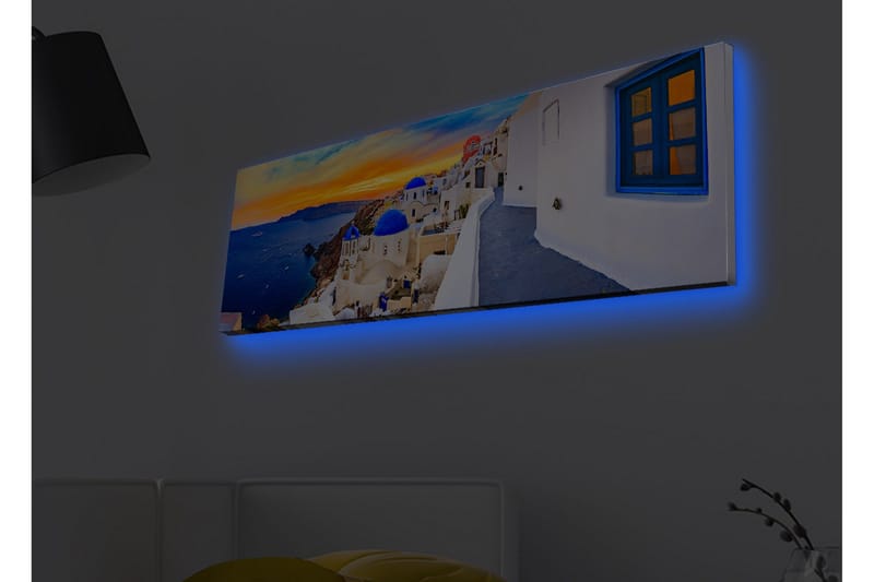 Lerretsbilde med LED-belysning - Vakker utsikt over hvite hus med blå kupler mot havet og en fargerik solnedgang - Blå / Hvit / Oransje - Innredning - Bilder & kunst - Lerretsbilder