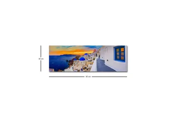 Lerretsbilde med LED-belysning - Vakker utsikt over hvite hus med blå kupler mot havet og en fargerik solnedgang - Blå / Hvit / Oransje - Innredning - Bilder & kunst - Lerretsbilder