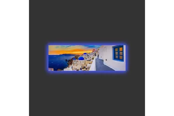 Lerretsbilde med LED-belysning - Vakker utsikt over hvite hus med blå kupler mot havet og en fargerik solnedgang - Blå / Hvit / Oransje - Innredning - Bilder & kunst - Lerretsbilder