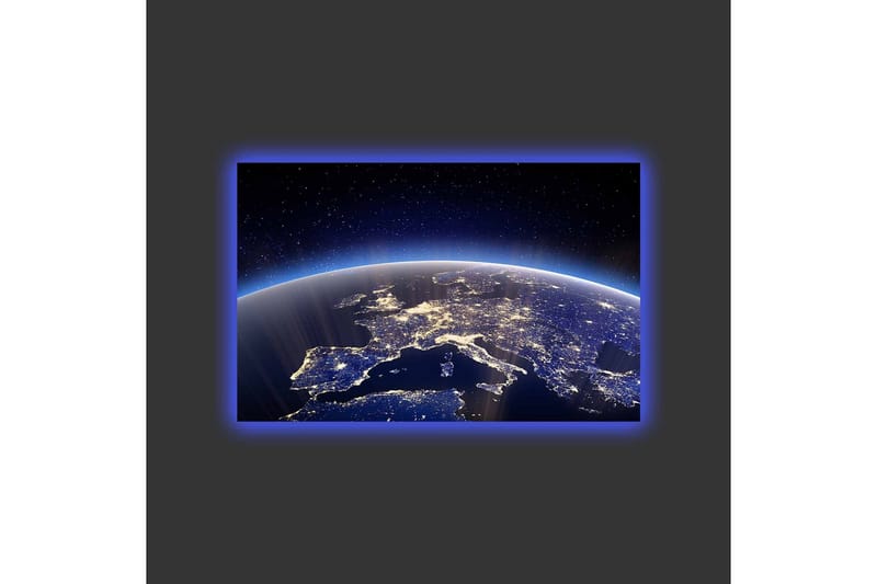 Lerretsbilde med LED-belysning - Vakker utsikt over jorden med Europa opplyst av stjerner og bylys - Mørk blå / Lys blå / Hvit - Innredning - Bilder & kunst - Lerretsbilder