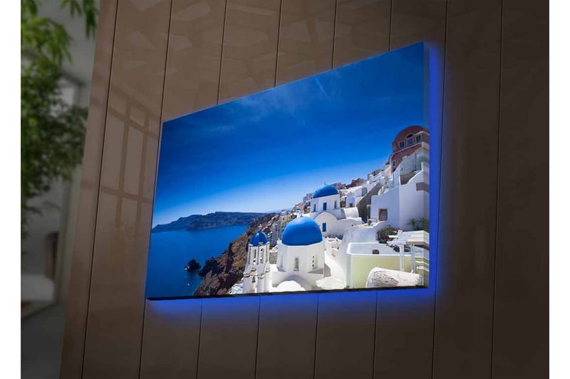 Lerretsbilde med LED-belysning - Vakker utsikt over Santorini med hvite hus og blå kupler - Blå / Hvit - Innredning - Bilder & kunst - Lerretsbilder