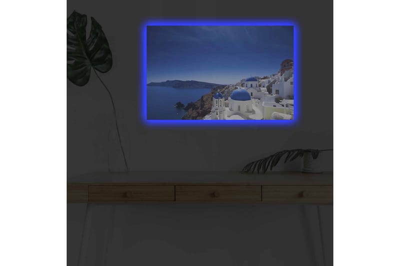 Lerretsbilde med LED-belysning - Vakker utsikt over Santorini med hvite hus og blå kupler - Blå / Hvit - Innredning - Bilder & kunst - Lerretsbilder