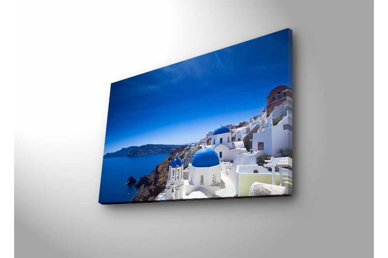 Lerretsbilde med LED-belysning - Vakker utsikt over Santorini med hvite hus og blå kupler - Blå / Hvit - Innredning - Bilder & kunst - Lerretsbilder