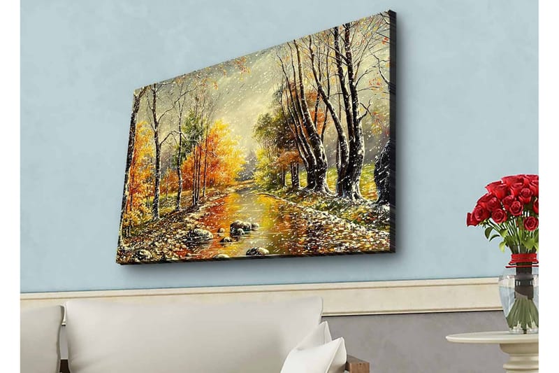 Lerretsbilde med LED-belysning - Vakkert høstlandskap med en speillignende elv omgitt av fargerike trær, Oransje / Grønn / Brun