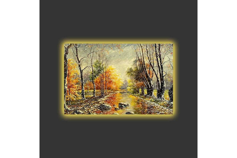 Lerretsbilde med LED-belysning - Vakkert høstlandskap med en speillignende elv omgitt av fargerike trær - Oransje / Grønn / Brun - Innredning - Bilder & kunst - Lerretsbilder