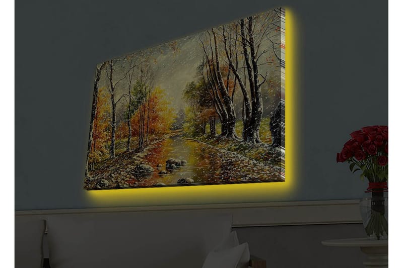 Lerretsbilde med LED-belysning - Vakkert høstlandskap med en speillignende elv omgitt av fargerike trær - Oransje / Grønn / Brun - Innredning - Bilder & kunst - Lerretsbilder
