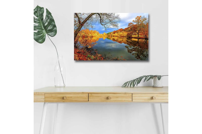 Lerretsbilde med LED-belysning - Vakkert høstlandskap med speilblanke innsjøer og fargerike trær, Oransje / Gul / Grønn