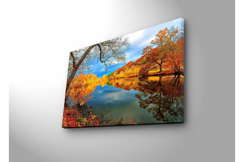 Lerretsbilde med LED-belysning - Vakkert høstlandskap med speilblanke innsjøer og fargerike trær - Oransje / Gul / Grønn - Innredning - Bilder & kunst - Lerretsbilder