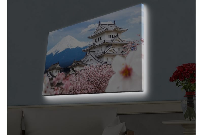 Lerretsbilde med LED-belysning - Vakkert japansk slott med kirsebærblomster og Fuji-fjellet i bakgrunnen - Hvit / Rosa / Blå - Innredning - Bilder & kunst - Lerretsbilder