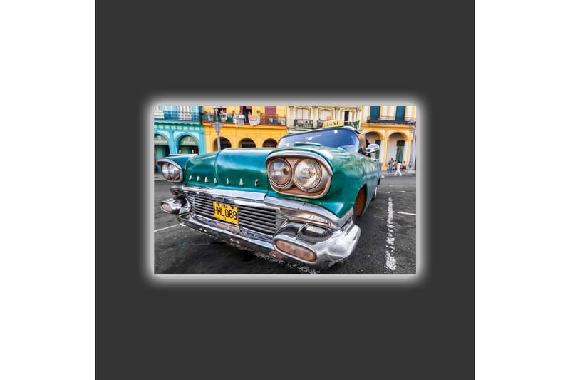 Lerretsbilde med LED-belysning - Veteranbil i retrostil med et grønt skjær - Grønn / Sølv / Svart - Innredning - Bilder & kunst - Lerretsbilder