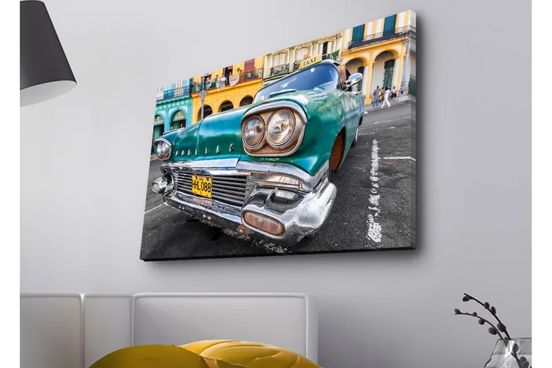 Lerretsbilde med LED-belysning - Veteranbil i retrostil med et grønt skjær - Grønn / Sølv / Svart - Innredning - Bilder & kunst - Lerretsbilder
