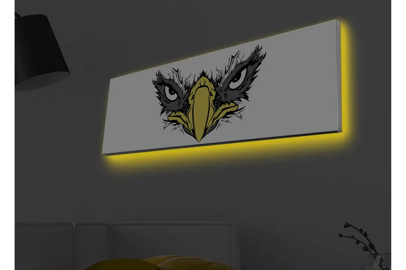 Lerretsbilde med LED-belysning - Vild ørn med intense øyne, Svart / Gul / Hvit