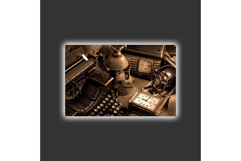 Lerretsbilde med LED-belysning - Vintage skrivemaskin og gamle gjenstander i en nostalgisk komposisjon - Brun / Svart / Beige - Innredning - Bilder & kunst - Lerretsbilder