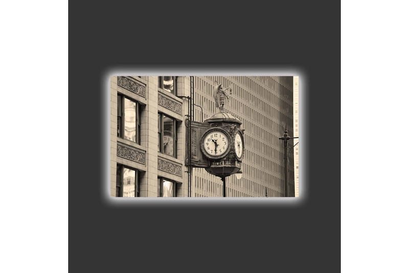 Lerretsbilde med LED-belysning - Vintage veggklokke med detaljert design - Svart / Grå / Hvit - Innredning - Bilder & kunst - Lerretsbilder