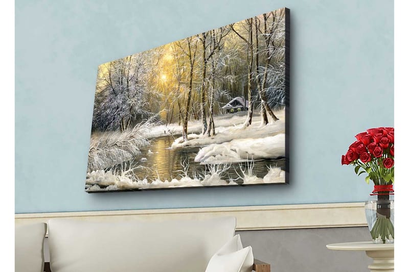 Lerretsbilde med LED-belysning - Vinterlandskap med snødekte trær og en stille elv - Hvit / Lys blå / Grønn - Innredning - Bilder & kunst - Lerretsbilder