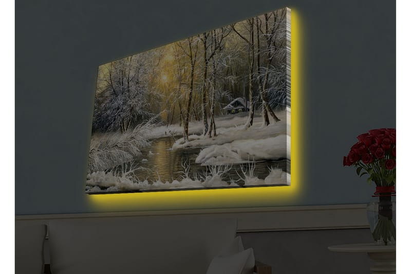 Lerretsbilde med LED-belysning - Vinterlandskap med snødekte trær og en stille elv - Hvit / Lys blå / Grønn - Innredning - Bilder & kunst - Lerretsbilder