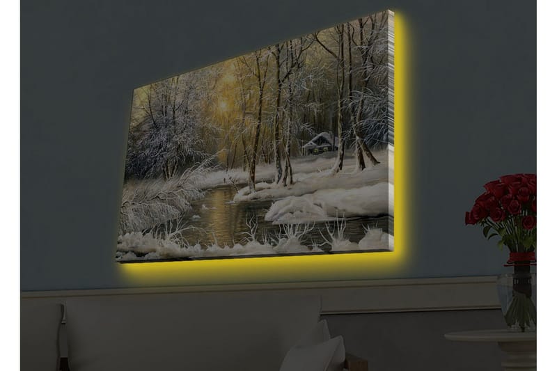 Lerretsbilde med LED-belysning - Vinterlandskap med snødekte trær og en stille elv - Hvit / Lys blå / Grønn - Innredning - Bilder & kunst - Lerretsbilder