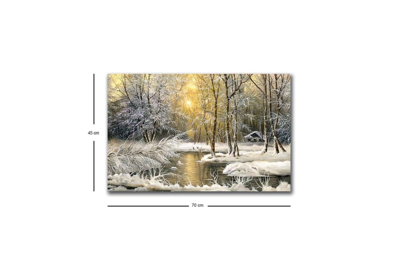 Lerretsbilde med LED-belysning - Vinterlandskap med snødekte trær og en stille elv - Hvit / Lys blå / Grønn - Innredning - Bilder & kunst - Lerretsbilder