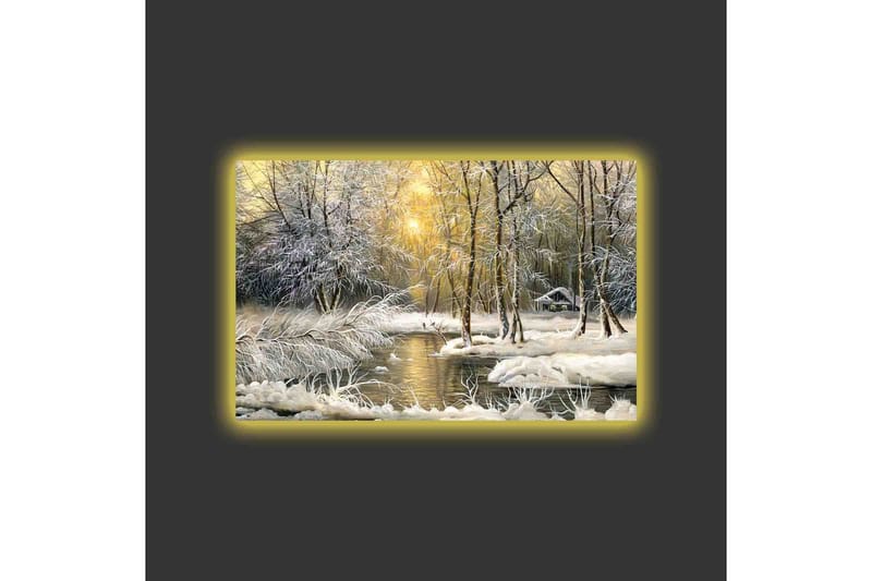 Lerretsbilde med LED-belysning - Vinterlandskap med snødekte trær og en stille elv - Hvit / Lys blå / Grønn - Innredning - Bilder & kunst - Lerretsbilder