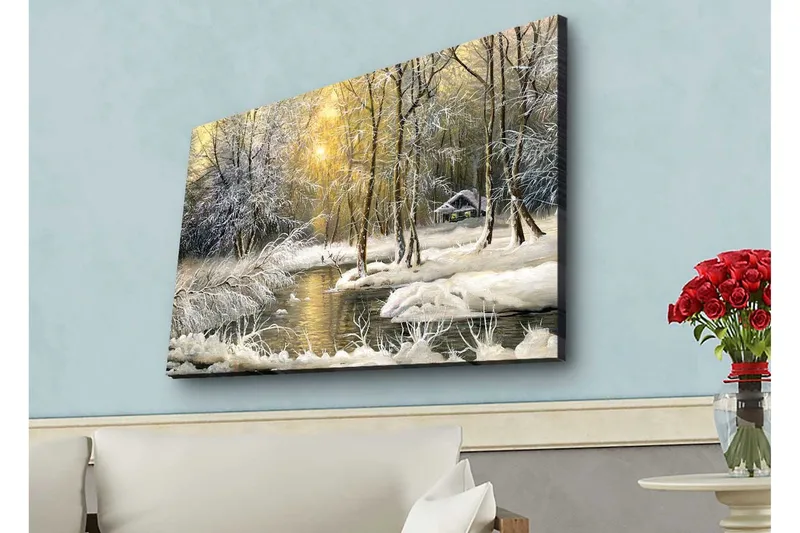 Lerretsbilde med LED-belysning - Vinterlandskap med snødekte trær og en stille elv - Hvit / Lys blå / Grønn - Innredning - Bilder & kunst - Lerretsbilder