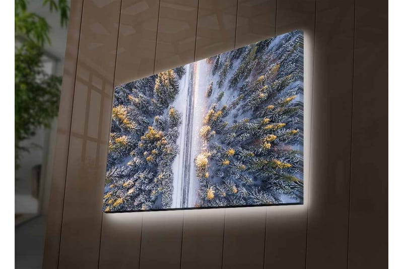 Lerretsbilde med LED-belysning - Vinterlandskap med snødekte trær og en vei som strekker seg gjennom skogen - Grå / Grønn / Gul - Innredning - Bilder & kunst - Lerretsbilder