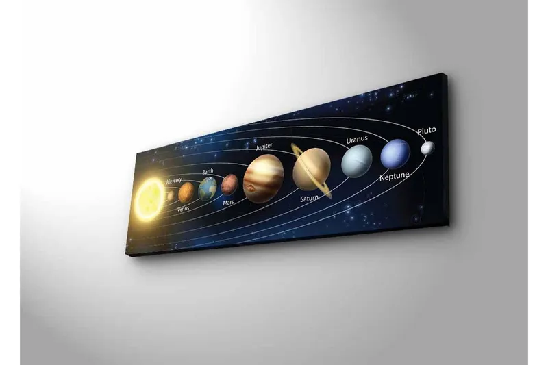 Lerretsbilde med LED-belysning - Planetene i solsystemet i et harmonisk arrangement - Mørk blå / Gul / Brun - Innredning - Bilder & kunst - Lerretsbilder