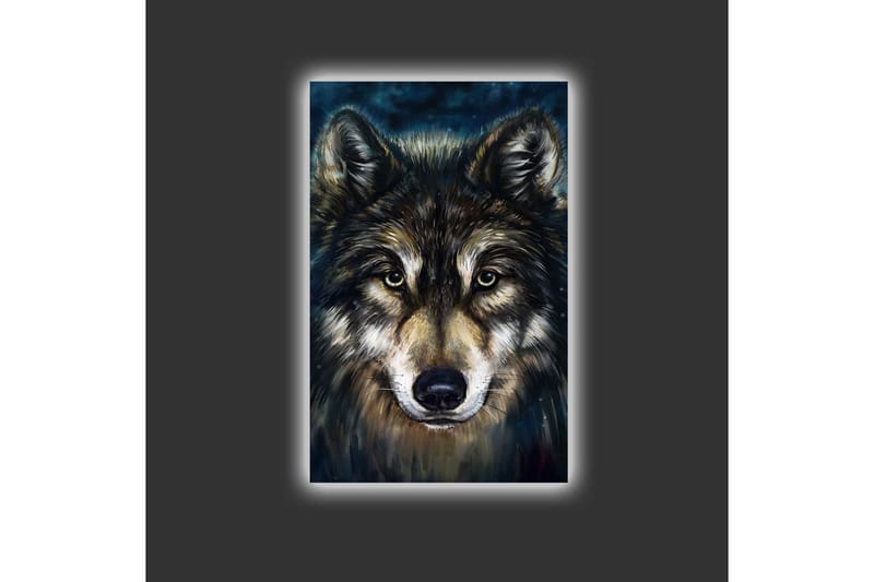 Lerretsbilde med LED-belysning - Portrett av en ulv med intense øyne - Mørk brun / Beige / Svart - Innredning - Bilder & kunst - Lerretsbilder