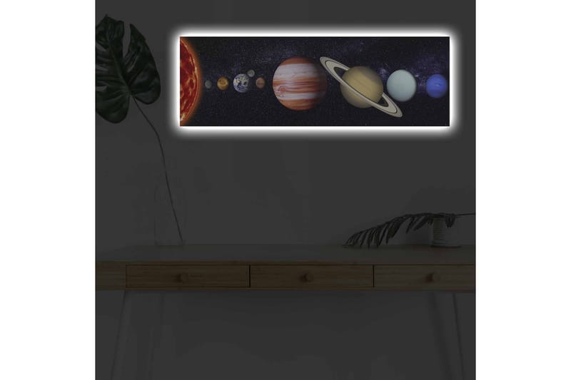 Lerretsbilde med LED-belysning - Planetene i solsystemet i en stjerneklar bakgrunn, Mørk blå / Oransje / Beige