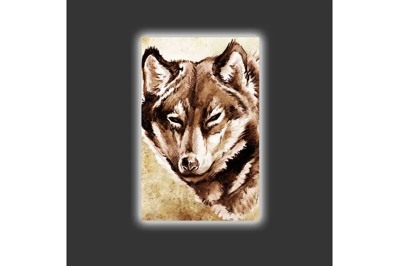 Lerretsbilde med LED-belysning - Portrett av en ulv med fokusert blikk - Brun / Beige - Innredning - Bilder & kunst - Lerretsbilder