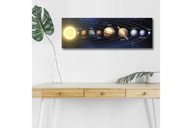 Lerretsbilde med LED-belysning - Planetene i solsystemet i et harmonisk arrangement - Mørk blå / Gul / Brun - Innredning - Bilder & kunst - Lerretsbilder