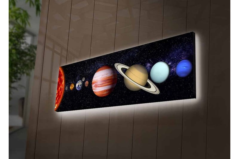 Lerretsbilde med LED-belysning - Planetene i solsystemet i en stjerneklar bakgrunn - Mørk blå / Oransje / Beige - Innredning - Bilder & kunst - Lerretsbilder