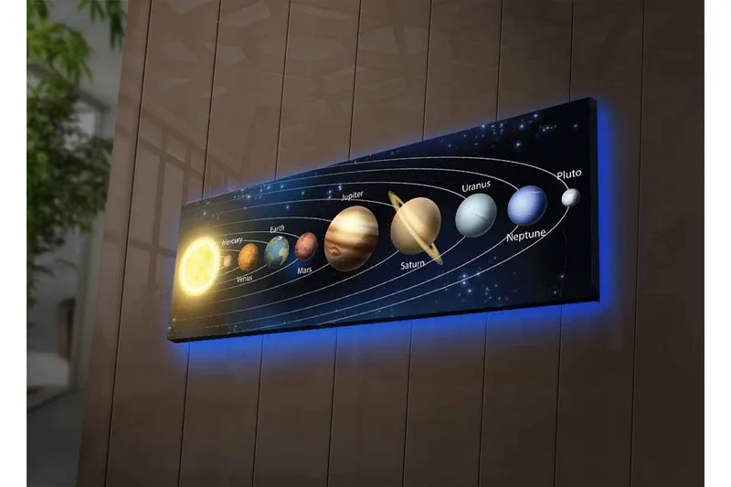 Lerretsbilde med LED-belysning - Planetene i solsystemet i et harmonisk arrangement - Mørk blå / Gul / Brun - Innredning - Bilder & kunst - Lerretsbilder