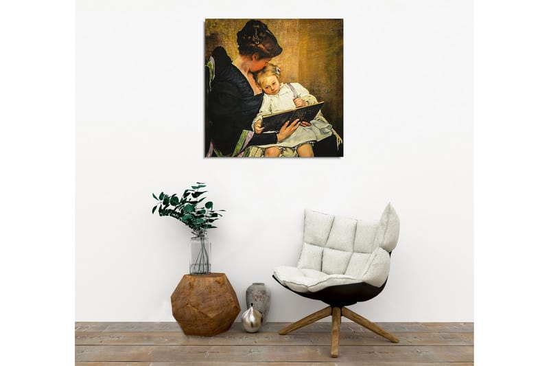 Lerretsbilde - Mor som leser for barnet sitt - Mørk blå / Beige / Hvit - Innredning - Bilder & kunst - Lerretsbilder
