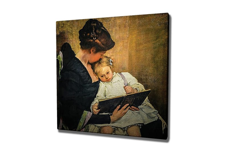 Lerretsbilde - Mor som leser for barnet sitt, Mørk blå / Beige / Hvit