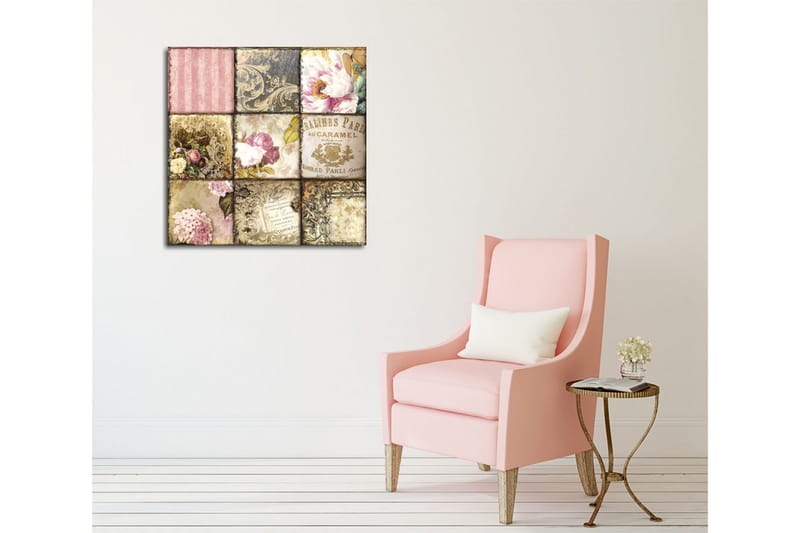 Lerretsbilde - Mosaikk av vintage-inspirerte mønstre og blomster - Rosa / Gull / Beige - Innredning - Bilder & kunst - Lerretsbilder
