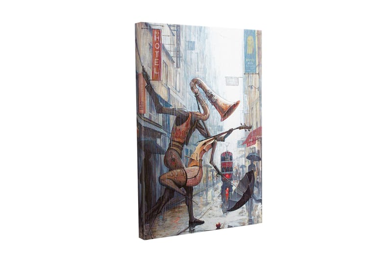 Lerretsbilde - Musikalske figurer som danser i regnet på en bygate, Rød / Brun / Grå