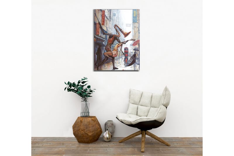 Lerretsbilde - Musikalske figurer som danser i regnet på en bygate - Rød / Brun / Grå - Innredning - Bilder & kunst - Lerretsbilder