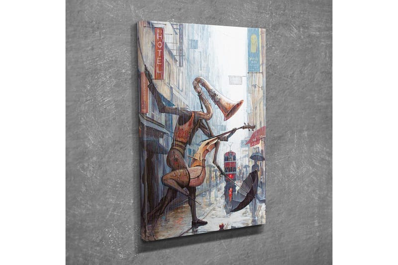 Lerretsbilde - Musikalske figurer som danser i regnet på en bygate - Rød / Brun / Grå - Innredning - Bilder & kunst - Lerretsbilder