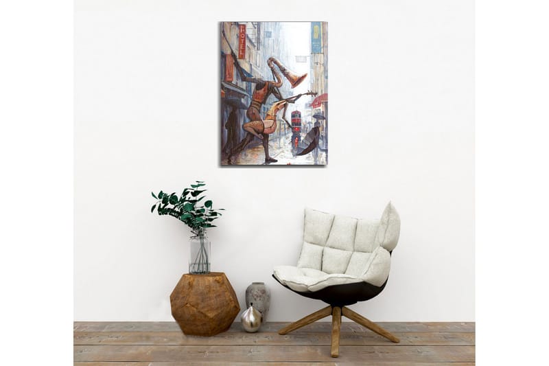 Lerretsbilde - Musikalske figurer som danser i regnet på en bygate - Rød / Brun / Grå - Innredning - Bilder & kunst - Lerretsbilder