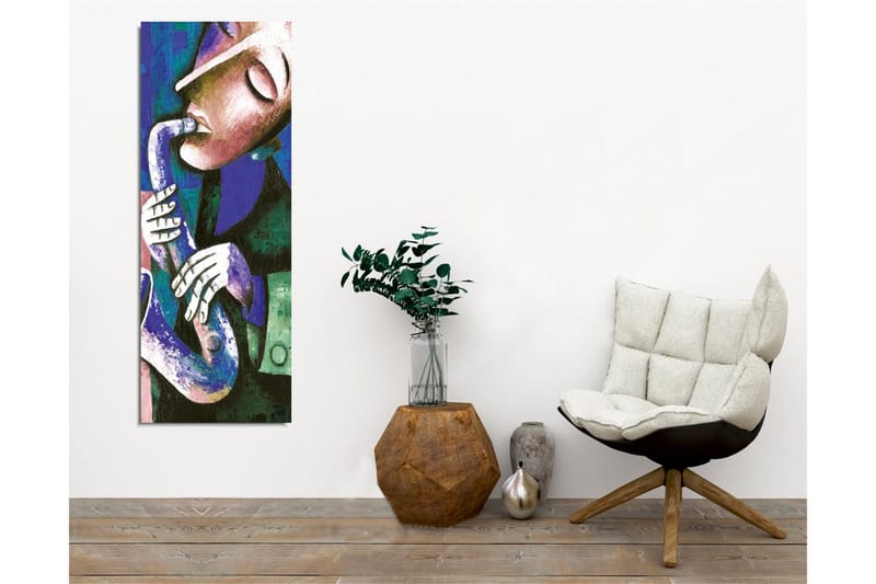 Lerretsbilde - Musiker som spiller saksofon med uttrykksfulle trekk - Mørk blå / Grønn / Hvit - Innredning - Bilder & kunst - Lerretsbilder