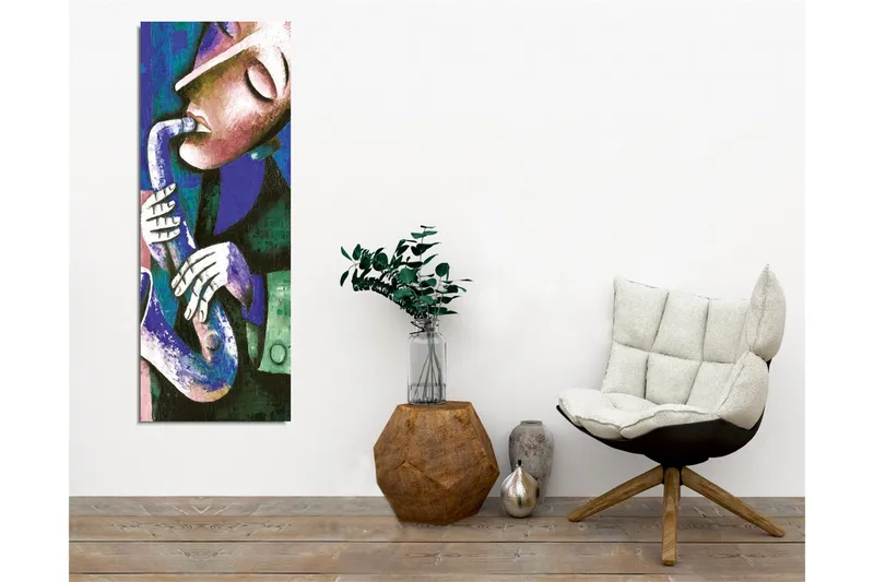 Lerretsbilde - Musiker som spiller saksofon med uttrykksfulle trekk - Mørk blå / Grønn / Hvit - Innredning - Bilder & kunst - Lerretsbilder