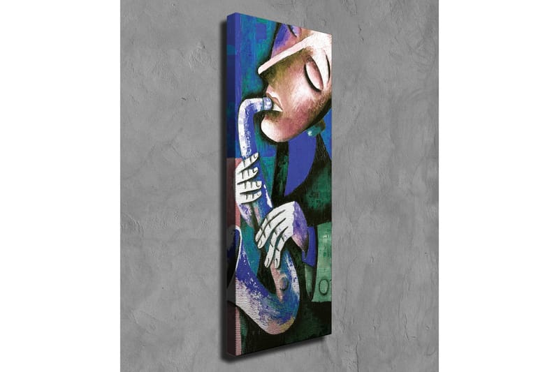 Lerretsbilde - Musiker som spiller saksofon med uttrykksfulle trekk - Mørk blå / Grønn / Hvit - Innredning - Bilder & kunst - Lerretsbilder