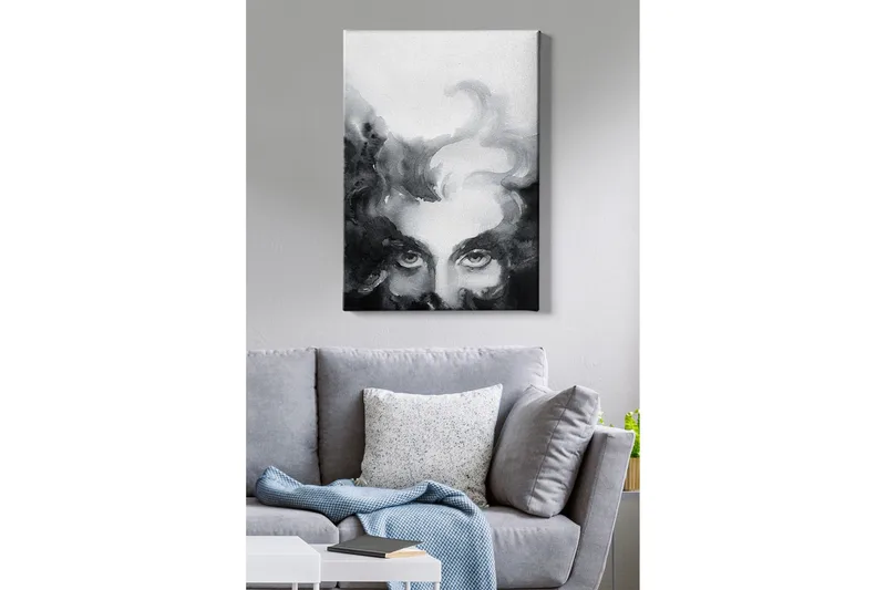 Lerretsbilde - Mystisk ansikt med intense øyne i en tåkete komposisjon - Svart / Grå / Hvit - Innredning - Bilder & kunst - Lerretsbilder