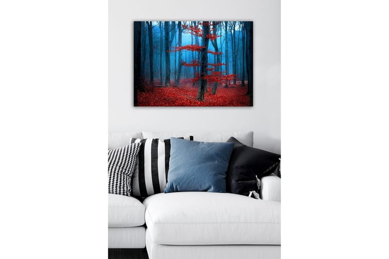 Lerretsbilde - Mystisk skog med røde trær i tåke - Rød / Blå / Grå - Innredning - Bilder & kunst - Lerretsbilder