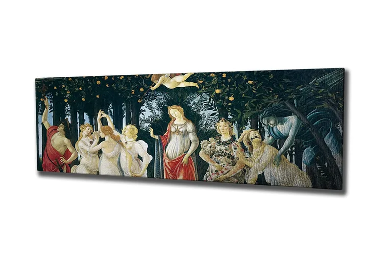 Lerretsbilde - Mytologisk scene med kvinnelige figurer i en frukthage, Grønn / Hudfarge / Rød