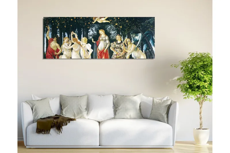 Lerretsbilde - Mytologisk scene med kvinnelige figurer i en frukthage - Grønn / Hudfarge / Rød - Innredning - Bilder & kunst - Lerretsbilder