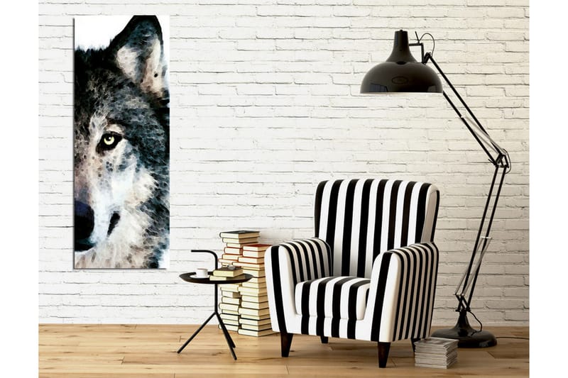 Lerretsbilde - Nærbilde av et ulveansikt med intense øyne - Grå / Svart / Hvit - Innredning - Bilder & kunst - Lerretsbilder